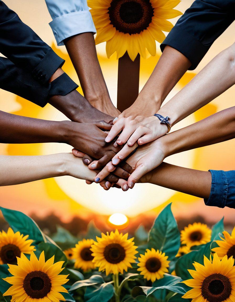 A diverse group of individuals united in a circle, holding hands while surrounded by symbols of hope like ribbons and sunflowers. In the background, a warm sunrise casts light over various elements representing oncology treatments, such as pill bottles and medical equipment, symbolizing support and resilience. The atmosphere should feel uplifting and empowering, inviting viewers to feel connected to the cancer community. vibrant colors. hopeful. super-realistic.