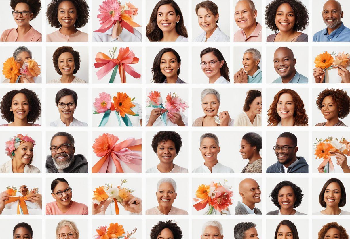 A collage of diverse individuals, some engaged in preventive cancer screenings, others sharing supportive moments in a warm, inviting community setting. Include symbols of hope, such as ribbons and flowers, interspersed throughout. Use a soft, uplifting color palette to evoke warmth and compassion. super-realistic. vibrant colors. white background.