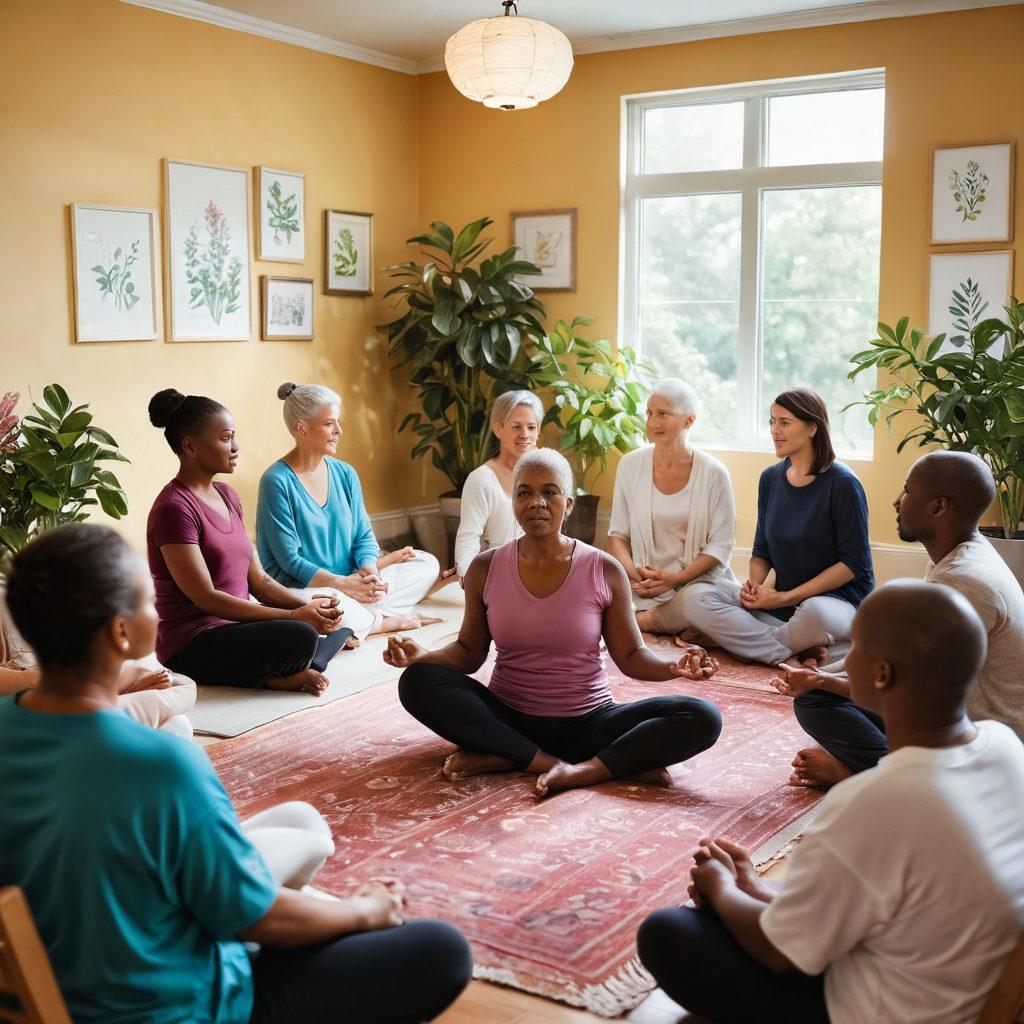 A serene scene depicting a diverse group of cancer survivors in a supportive gathering, showcasing compassion and strength. Include elements like a cozy counseling room with soft lighting, healing plants, and inspirational quotes on the walls. Illustrate the interactions of care strategies like yoga, art therapy, and group discussions, emphasizing community support. The mood should be uplifting and hopeful, filled with warm, inviting colors. super-realistic. vibrant colors. soft focus.